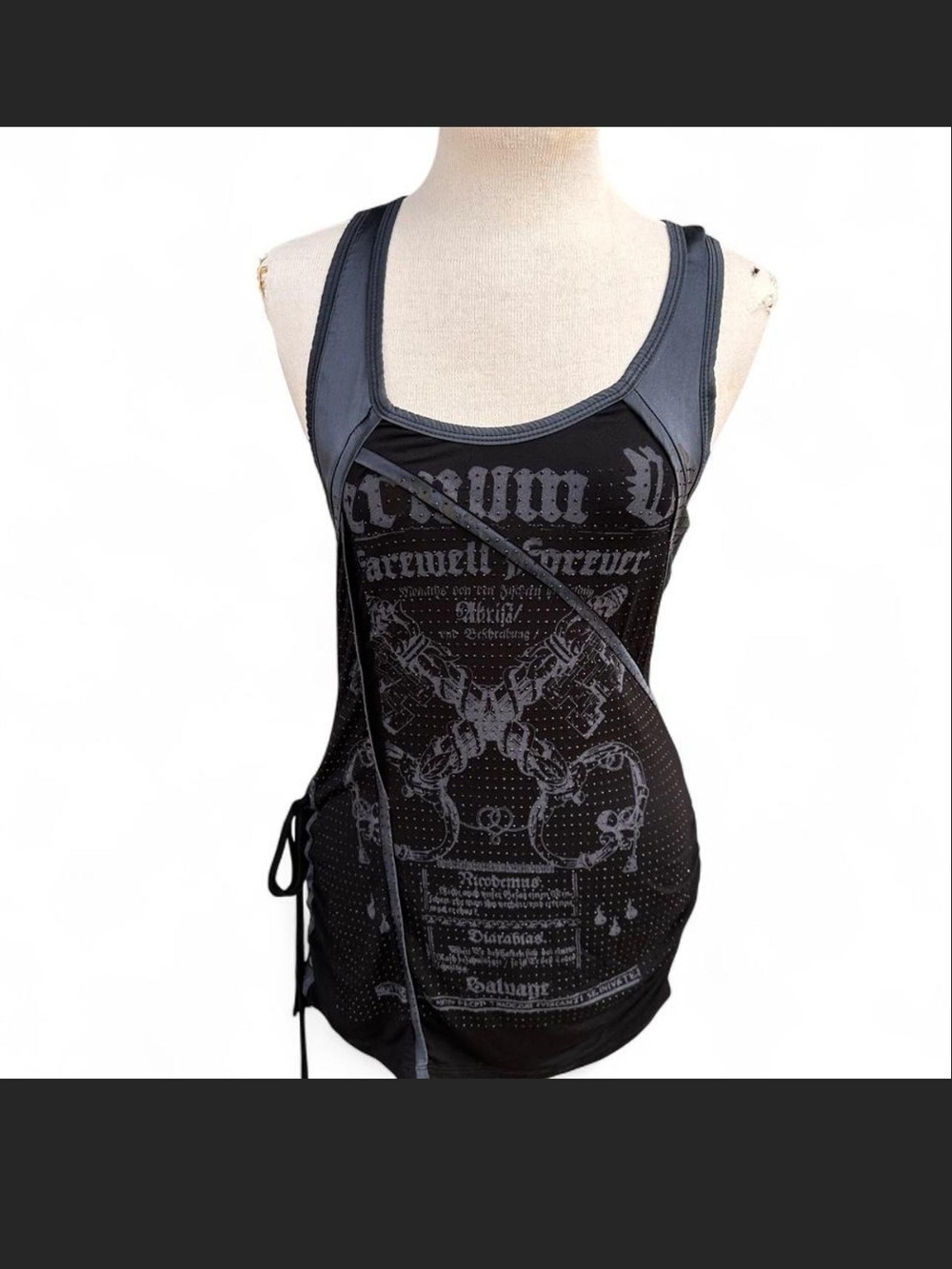 Salvage Rhinestone 'Farewell Forever' Graphic Lace-Up Sides Mini Bodycon Dress.